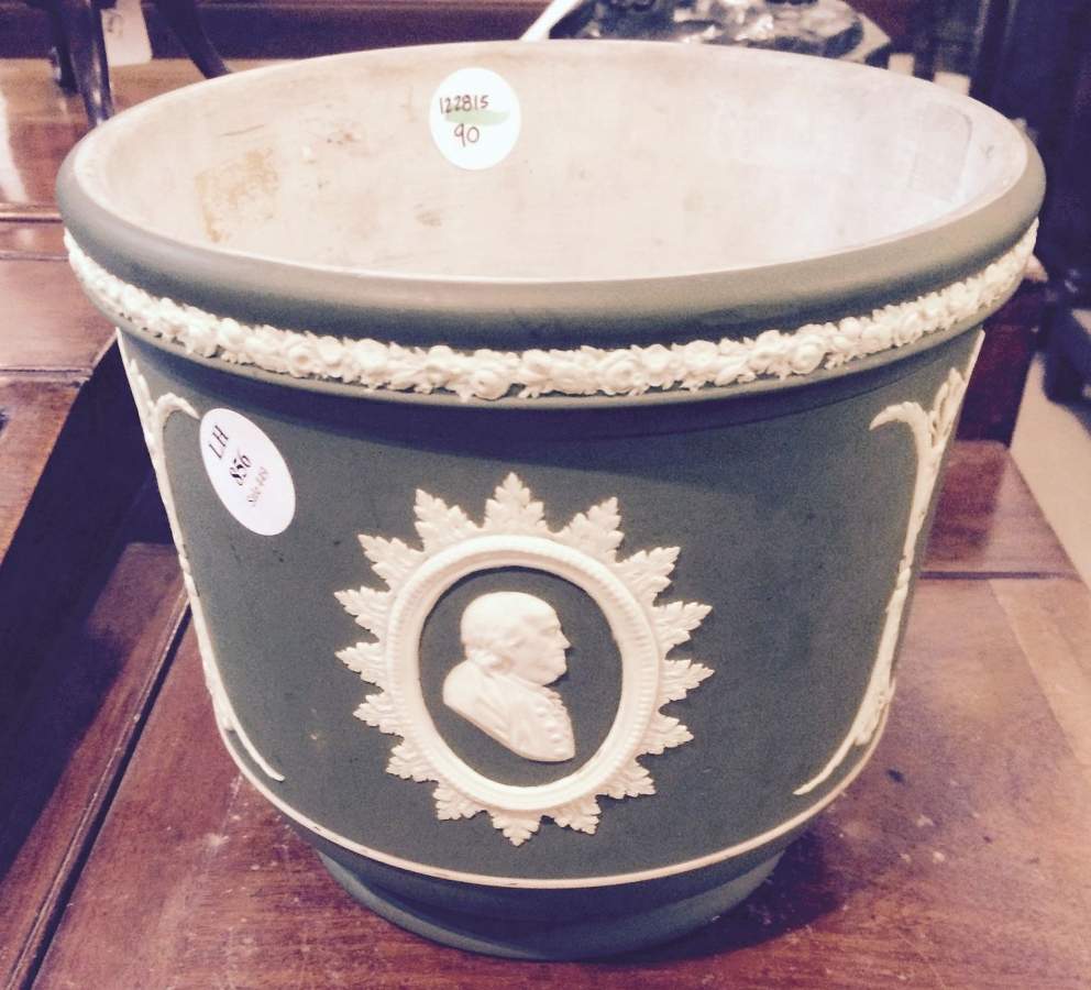 Cream Color on Celadon Jasperware 7" Jardiniere by Wedgwood-1