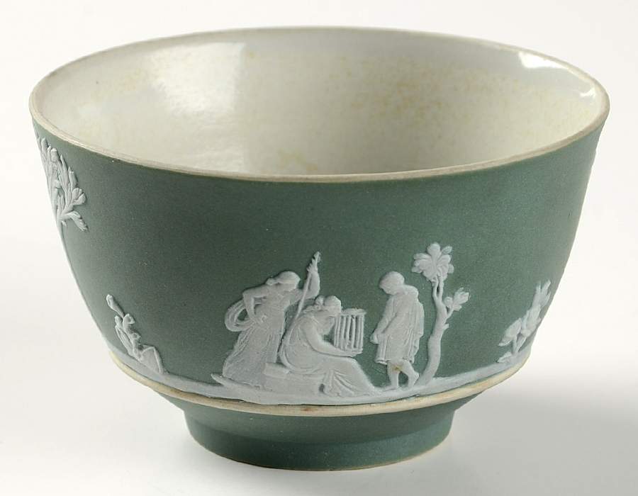Cream Color on Celadon Jasperware Open Sugar Bowl by Wedgwood-1