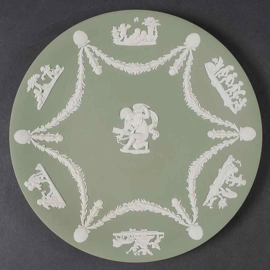 Cream Color on Celadon Jasperware Cupid Serving Plate by Wedgwood-1