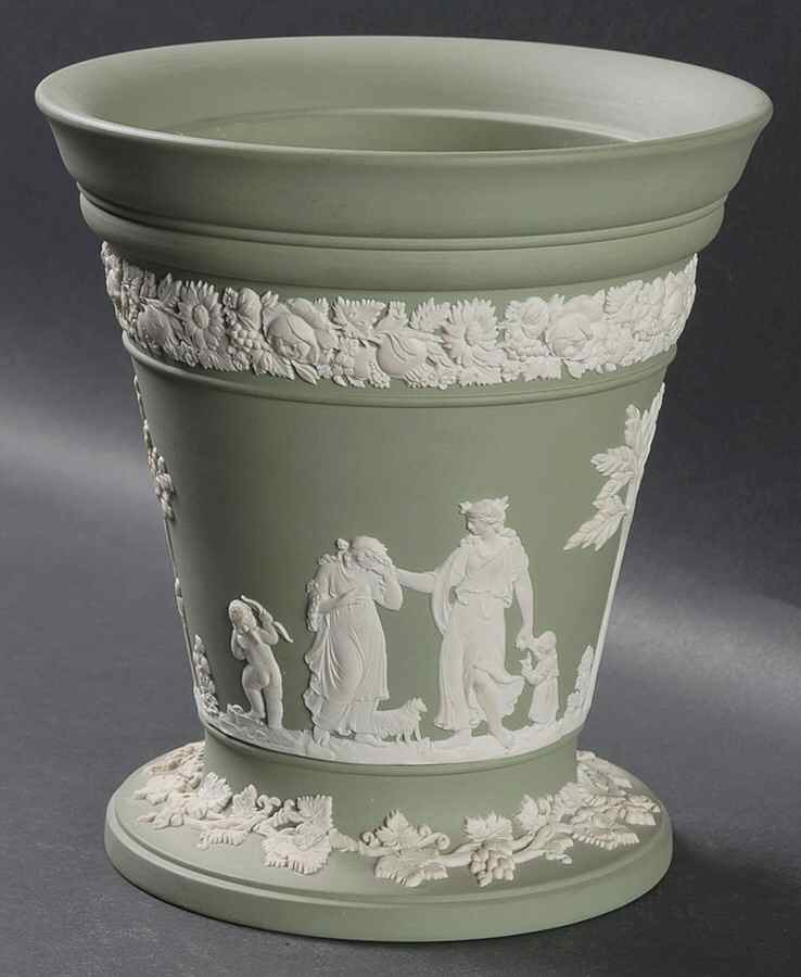 Cream Color on Celadon Jasperware 6" Vase by Wedgwood-1
