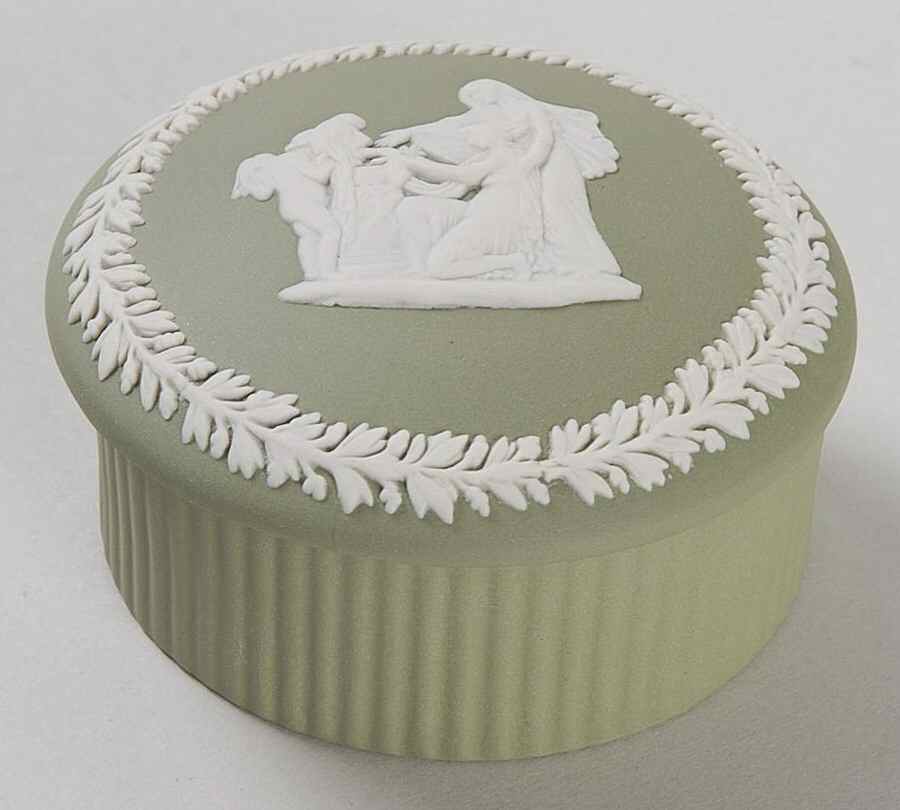 Cream Color on Celadon Jasperware 2" Round Fluted Box W/Lid by Wedgwood-1