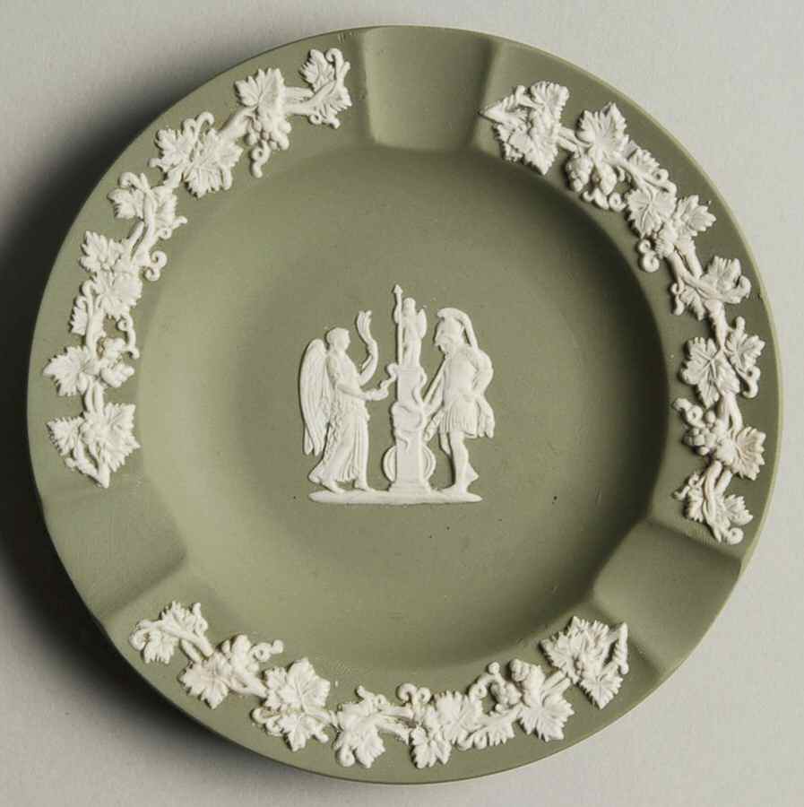 Cream Color on Celadon Jasperware 3 Slot Round Ashtray by Wedgwood-1