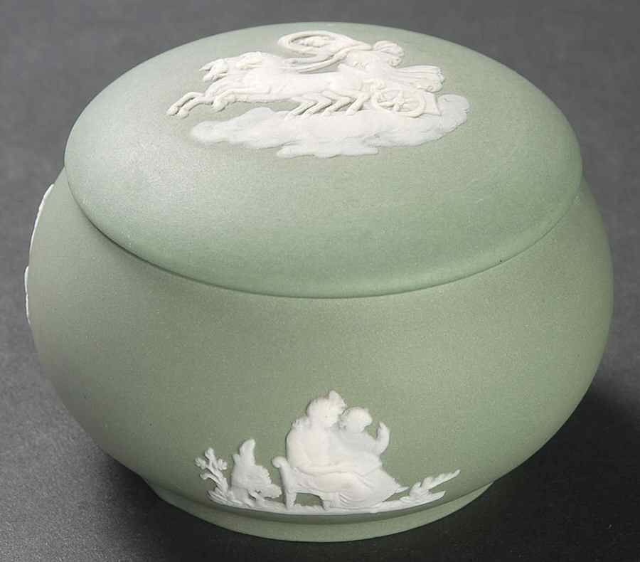 Cream Color on Celadon Jasperware 2" Round Box & Lid by Wedgwood-1