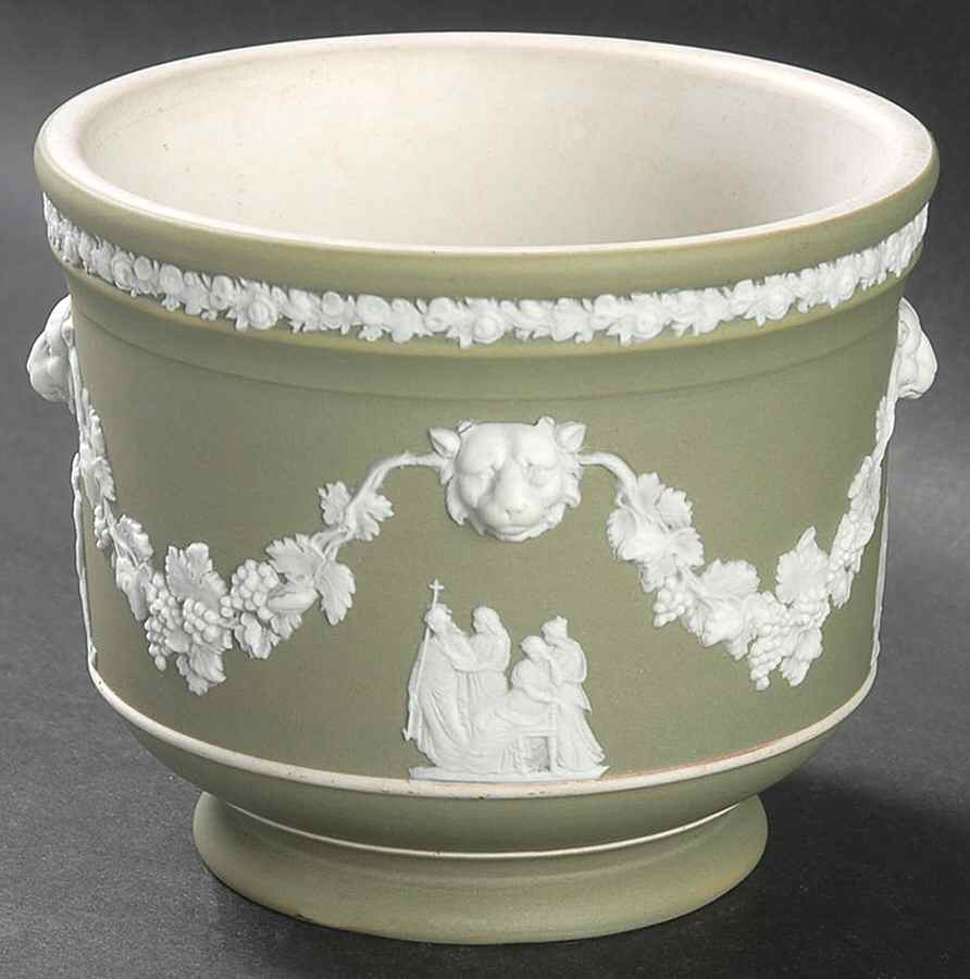 Cream Color on Celadon Jasperware #317 3" Jardiniere by Wedgwood-1