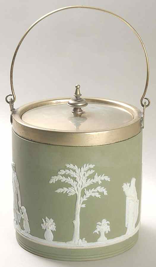 Cream Color on Celadon Jasperware Biscuit Barrel & Lid by Wedgwood-1