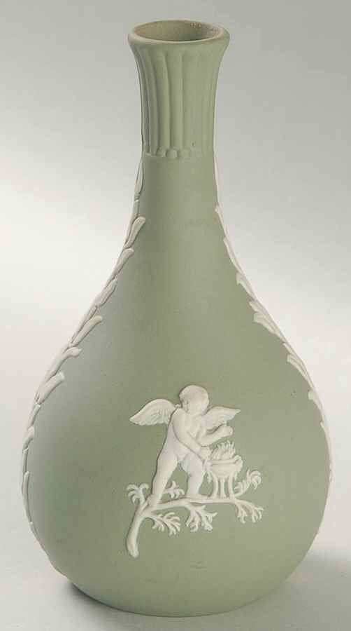 Cream Color on Celadon Jasperware Seasons Bud Vase by Wedgwood-1