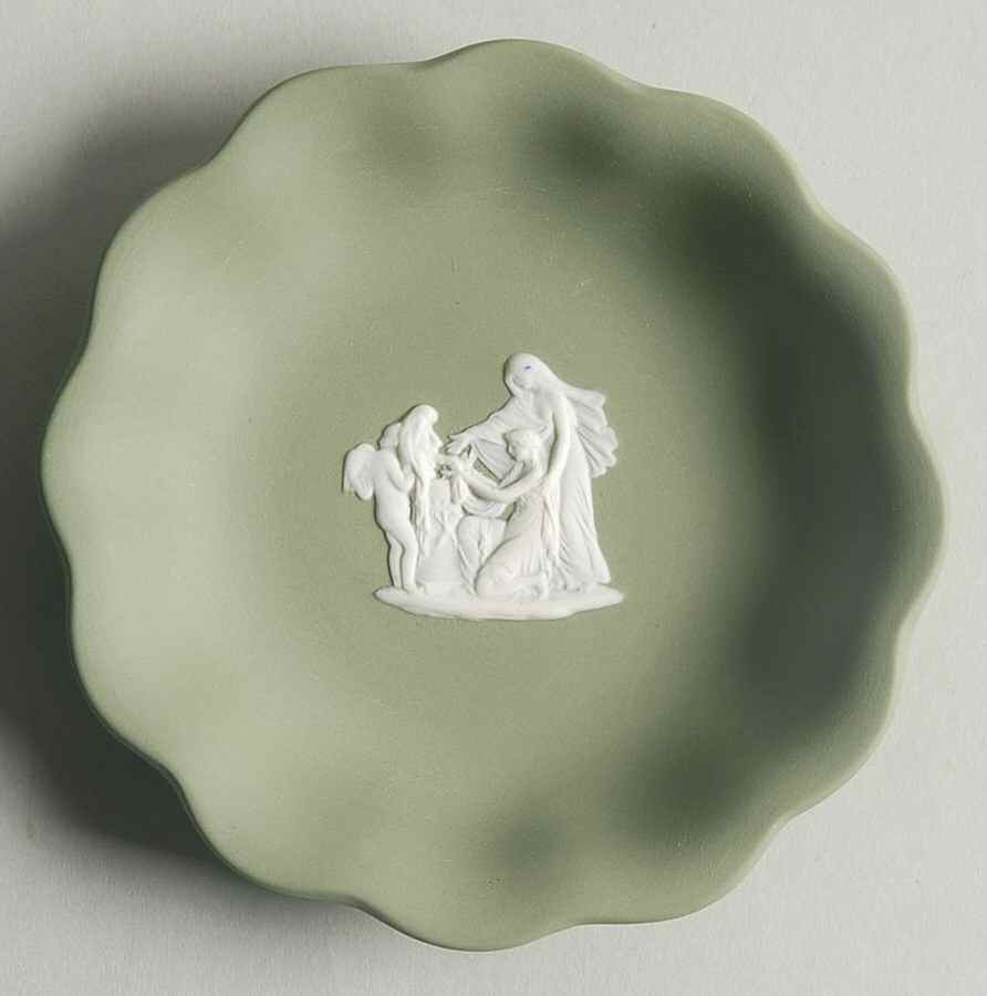 Cream Color on Celadon Jasperware Round Scalloped Compotier by Wedgwood-1