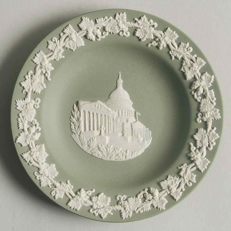 Cream Color on Celadon Jasperware Round Landmark Tray by Wedgwood-1