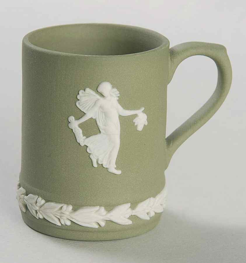 Cream Color on Celadon Jasperware Miniature Tankard by Wedgwood-1