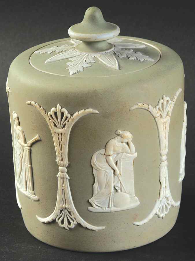 Cream Color on Celadon Jasperware Candy Jar & Lid by Wedgwood-1