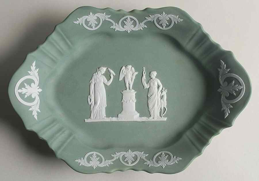Cream Color on Celadon Jasperware 11" Roll Tray by Wedgwood-1