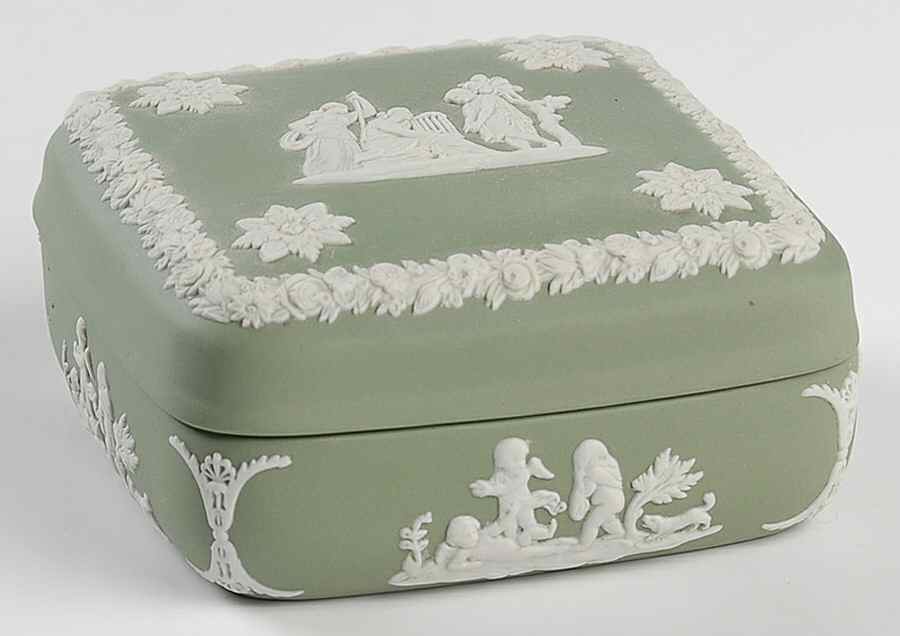 Cream Color on Celadon Jasperware Square Box with Lid by Wedgwood-1