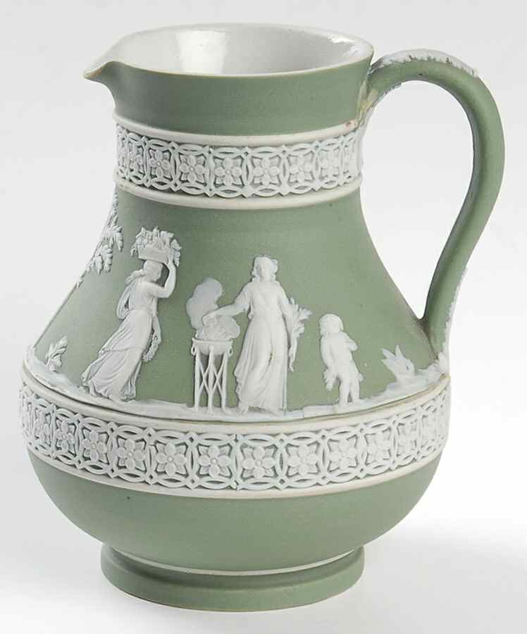 Cream Color on Celadon Jasperware 5" Etruscan Jug by Wedgwood-1