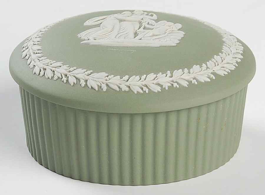 Cream Color on Celadon Jasperware 3" Round Fluted Box & Lid by Wedgwood-1