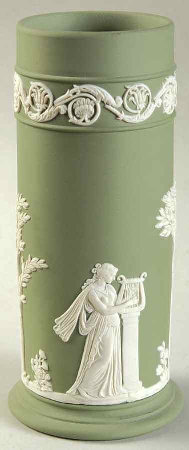 Cream Color on Celadon Jasperware Spill Vase by Wedgwood-1