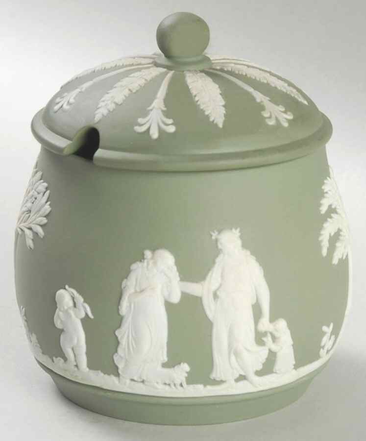 Cream Color on Celadon Jasperware Sugar Box & Lid by Wedgwood-1