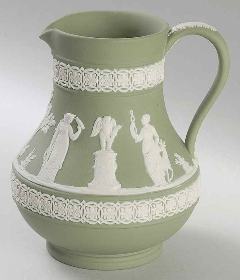 Cream Color on Celadon Jasperware 5" Etruscan Jug by Wedgwood-1
