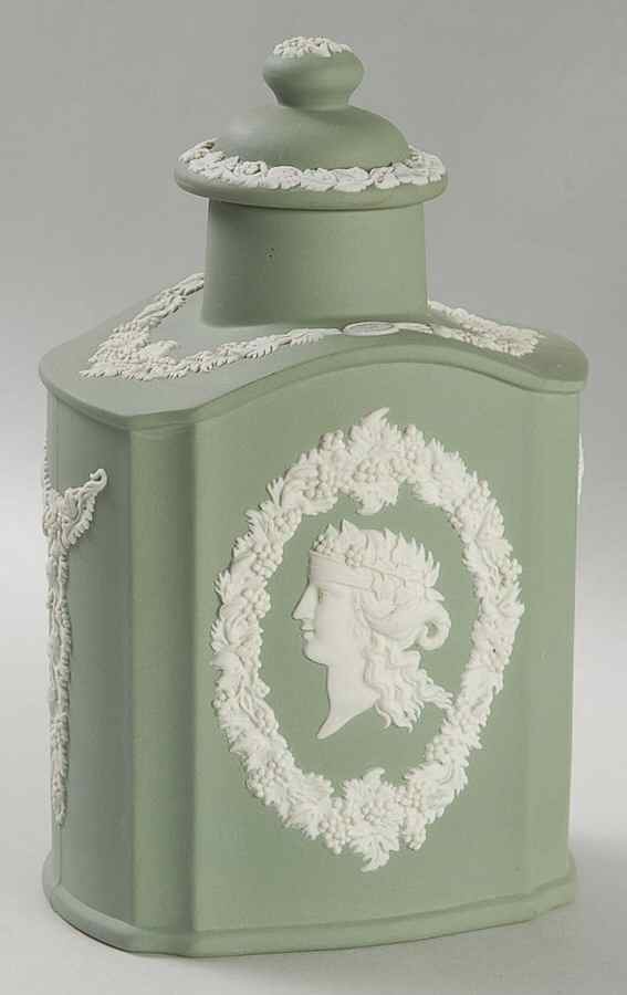 Cream Color on Celadon Jasperware Teapoy & Lid by Wedgwood-1