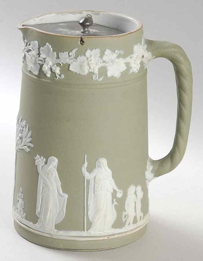 Cream Color on Celadon Jasperware 5" Etruscan Jug & Metal Lid by Wedgwood-1
