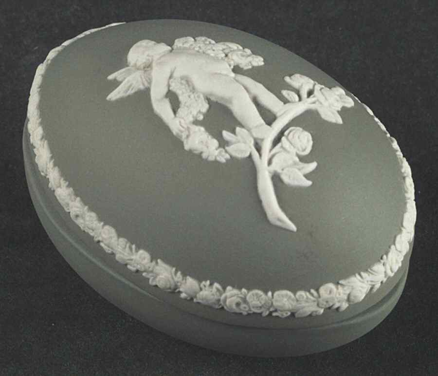 Cream Color on Celadon Jasperware Small Egg Box & Lid by Wedgwood-1