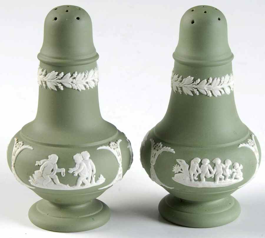 Cream Color on Celadon Jasperware Salt & Pepper Set by Wedgwood-1