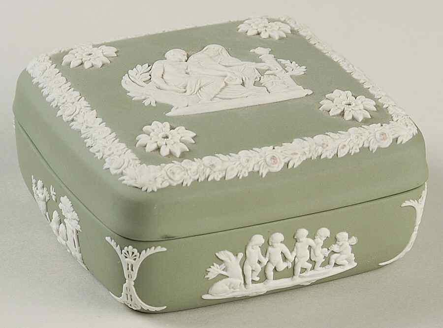 Cream Color on Celadon Jasperware Square Box with Lid by Wedgwood-1