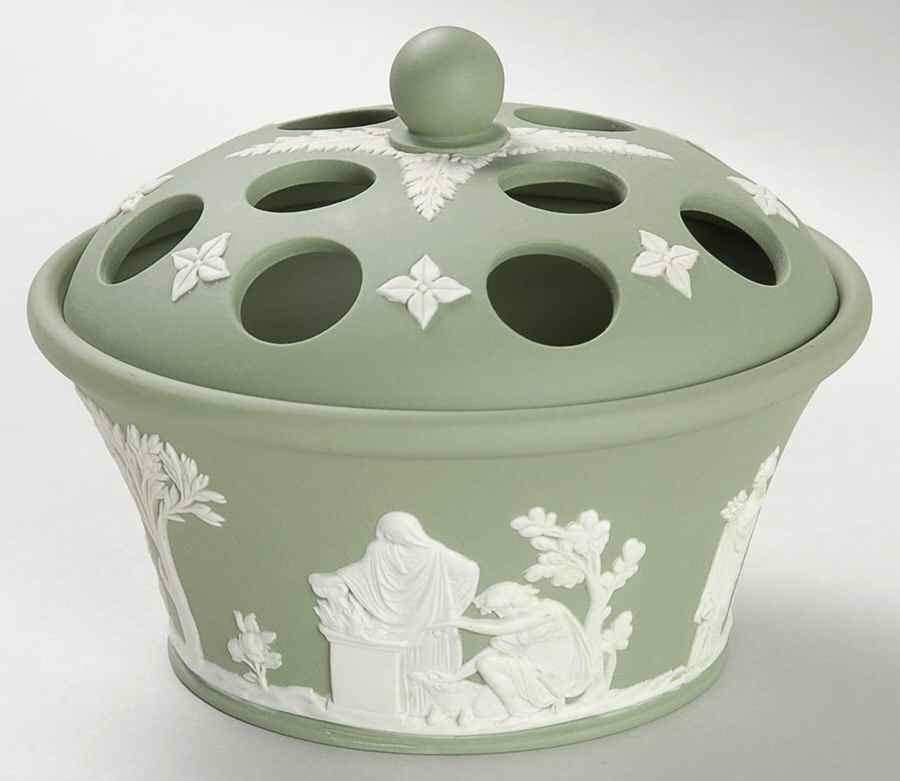 Cream Color on Celadon Jasperware Potpourri Jar & Lid by Wedgwood-1