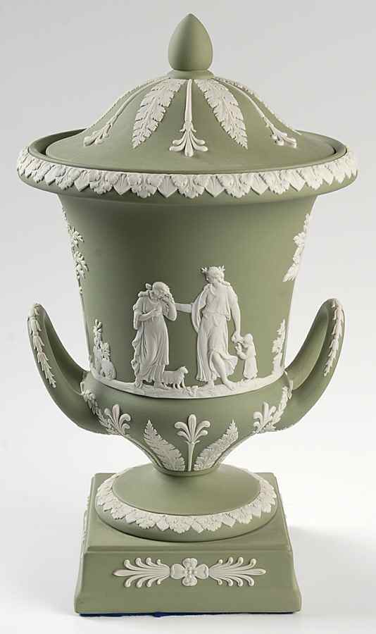 Cream Color on Celadon Jasperware Vase/Urn & Lid by Wedgwood-1