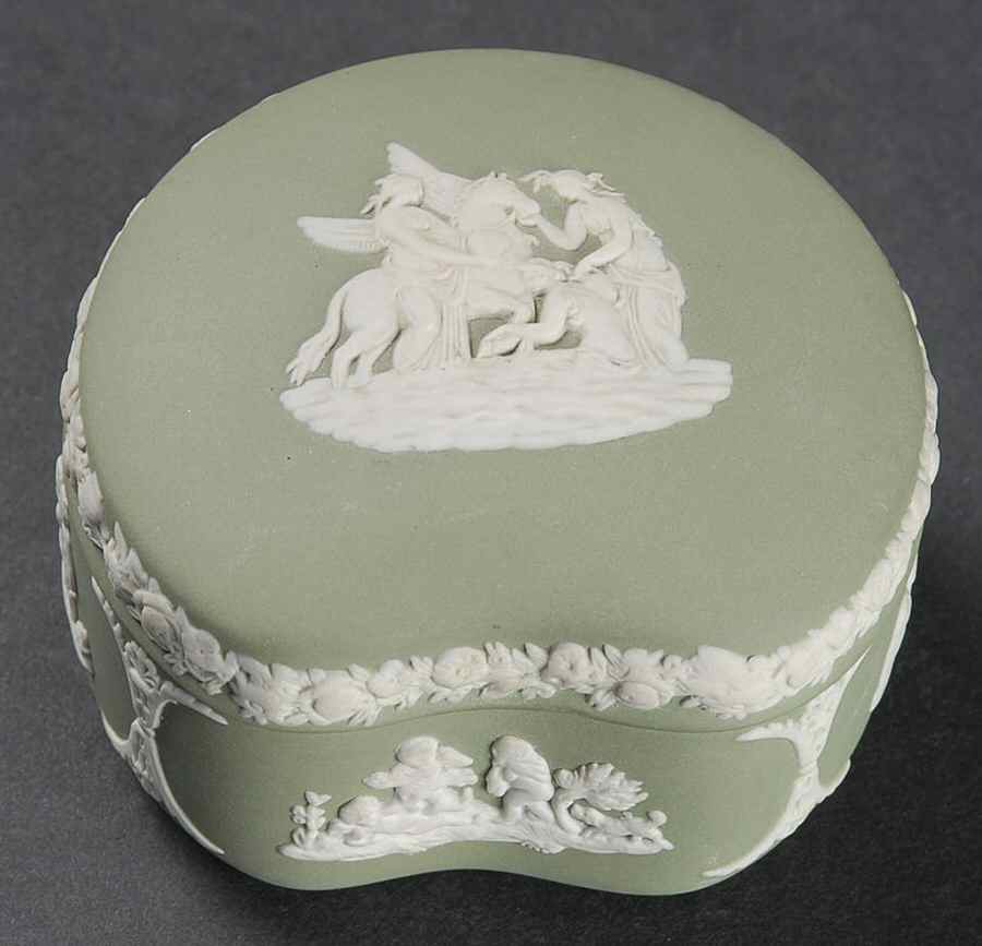 Cream Color on Celadon Jasperware Bean Box & Lid by Wedgwood-1
