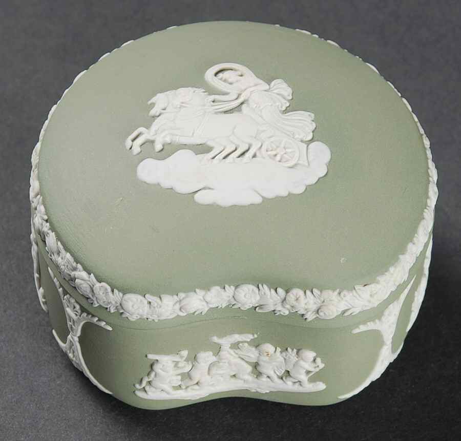 Cream Color on Celadon Jasperware Bean Box & Lid by Wedgwood-1