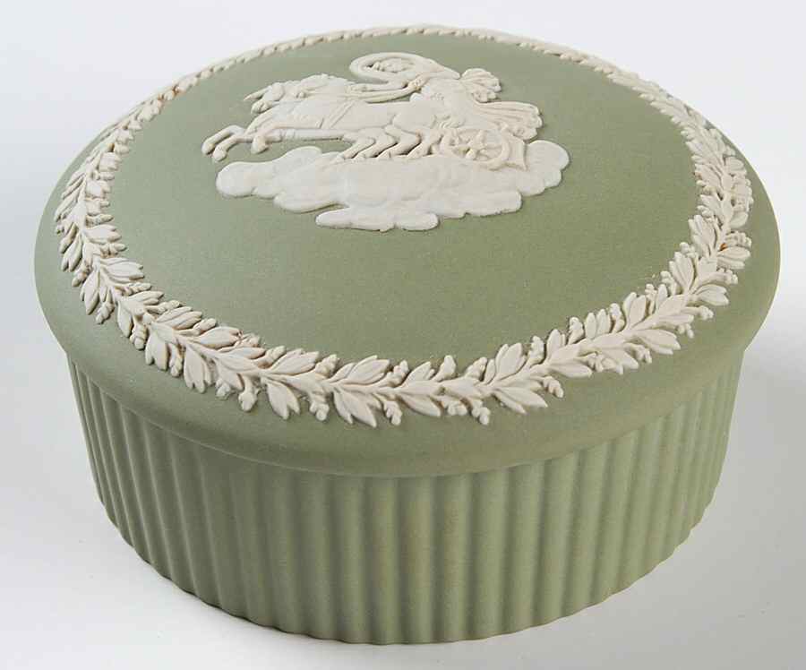 Cream Color on Celadon Jasperware 3" Round Fluted Box & Lid by Wedgwood-1
