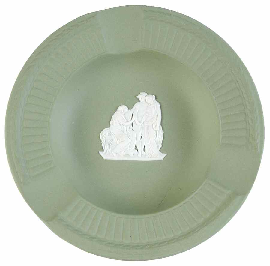 Cream Color on Celadon Jasperware Round Fluted 3-Slot Ashtray by Wedgwood-1