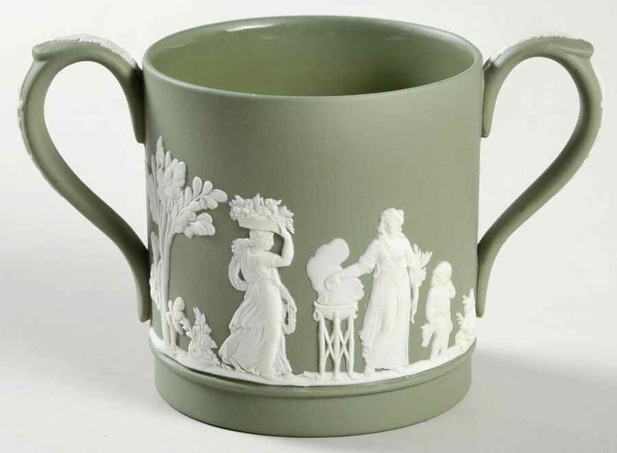 Cream Color on Celadon Jasperware Loving Cup by Wedgwood-1