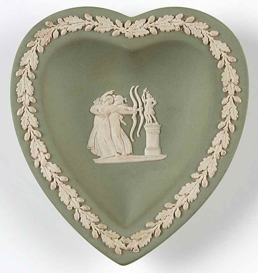 Cream Color on Celadon Jasperware Small Heart Shape Ashtray by Wedgwood-1