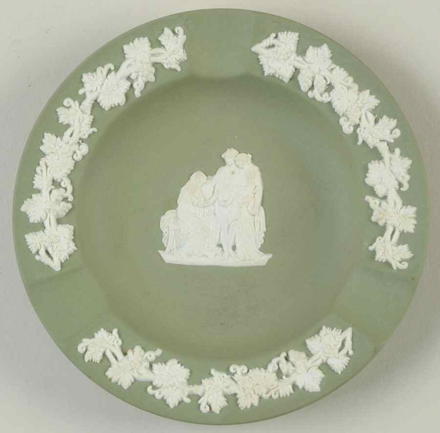 Cream Color on Celadon Jasperware 3 Slot Round Ashtray by Wedgwood-1