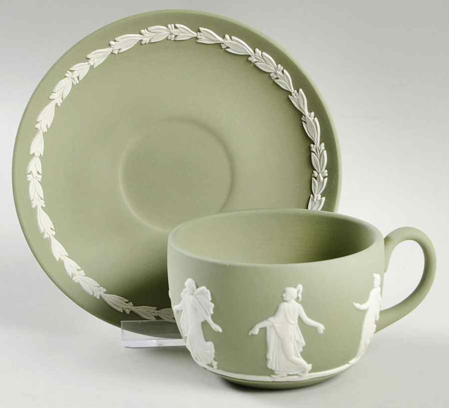 Cream Color on Celadon Jasperware Flat Cup & Saucer Set by Wedgwood-1