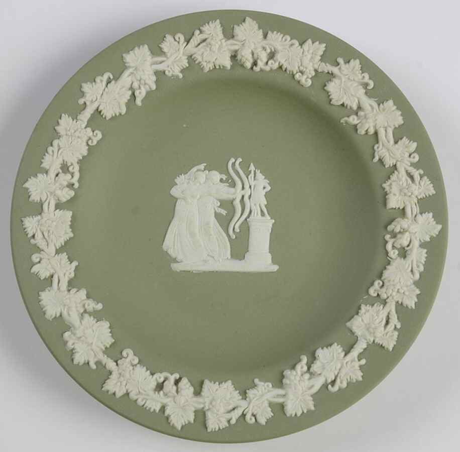 Cream Color on Celadon Jasperware 4" Round Tray by Wedgwood-1
