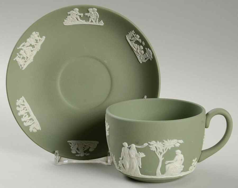 Cream Color on Celadon Jasperware Flat Cup & Saucer Set by Wedgwood-1