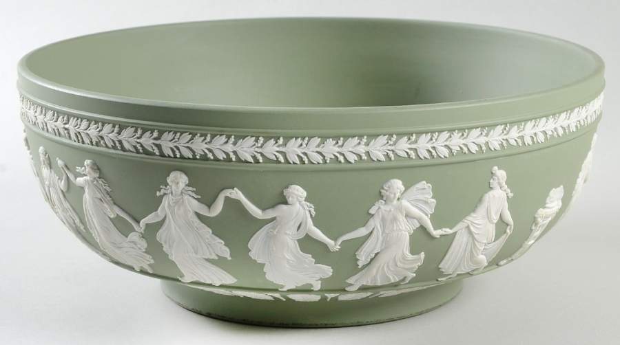 Cream Color on Celadon Jasperware Acanthus Bowl by Wedgwood-1