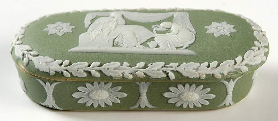 Cream Color on Celadon Jasperware Match Holder with Lid by Wedgwood-1