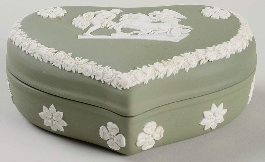 Cream Color on Celadon Jasperware Heart Shape Box & Lid by Wedgwood-1
