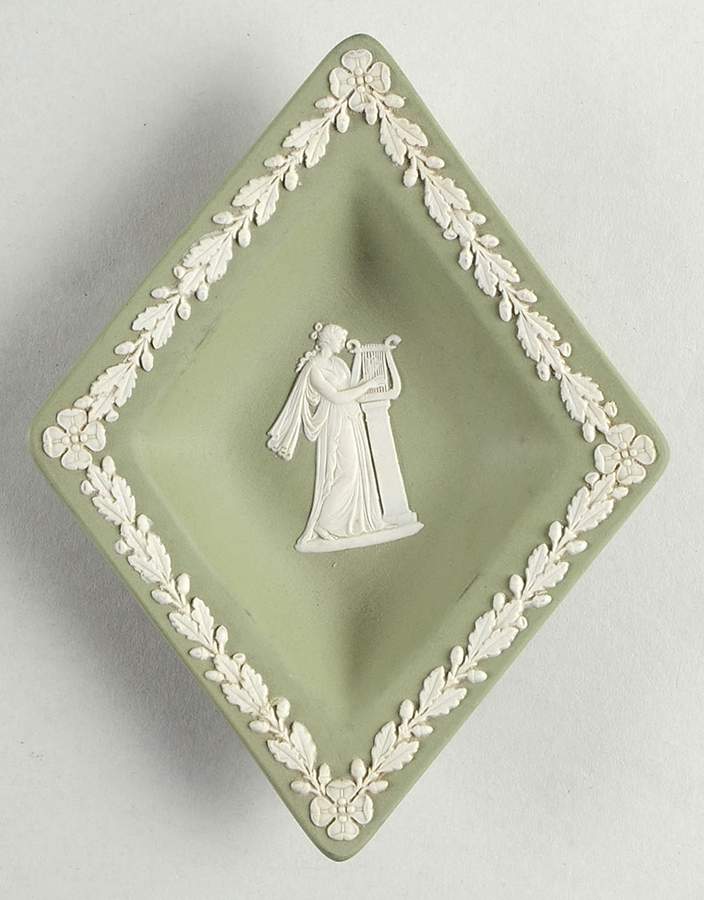 Cream Color on Celadon Jasperware Small Diamond Shape Ashtray by Wedgwood-1