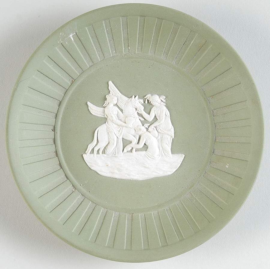 Cream Color on Celadon Jasperware 4" Round Fluted Tray by Wedgwood-1
