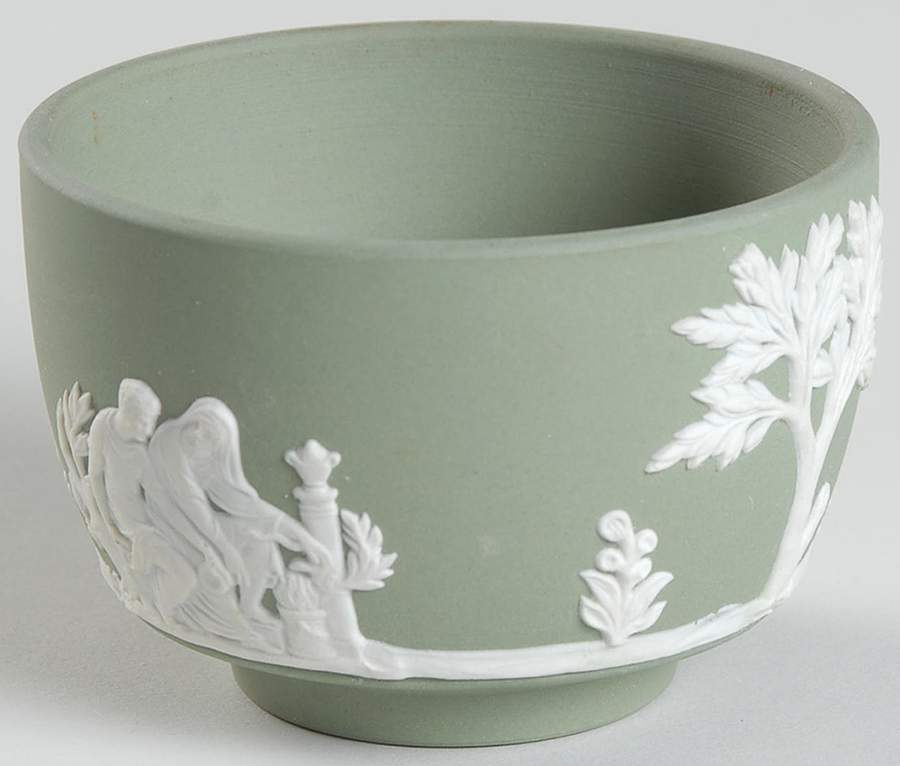 Cream Color on Celadon Jasperware Mini Open Sugar Bowl by Wedgwood-1