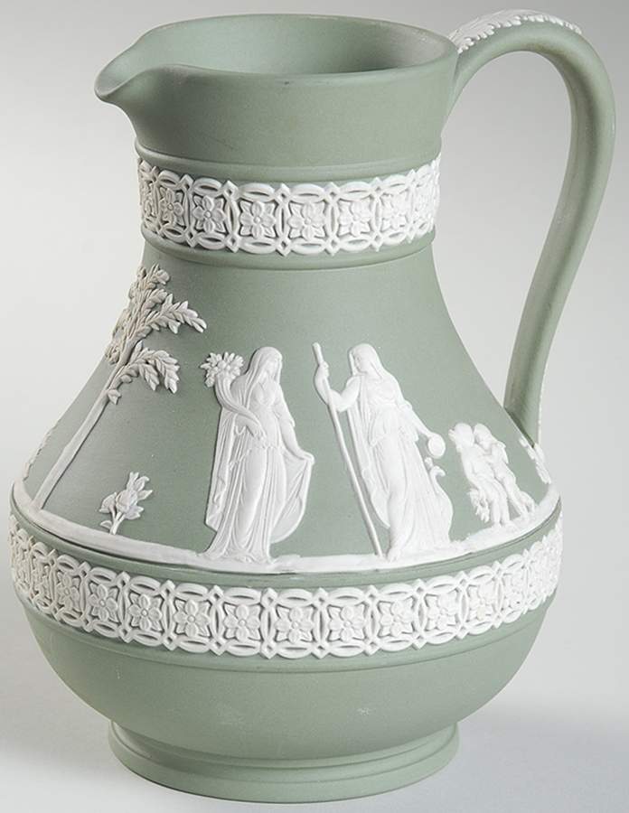 Cream Color on Celadon Jasperware 5" Etruscan Jug by Wedgwood-1