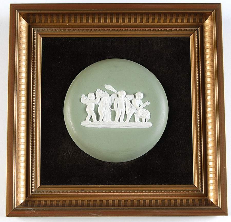 Cream Color on Celadon Jasperware Framed Plaque by Wedgwood-1