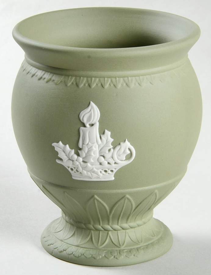 Cream Color on Celadon Jasperware Posey Pot by Wedgwood-1