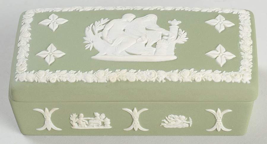 Cream Color on Celadon Jasperware 3" Rectangular Box & Lid by Wedgwood-1
