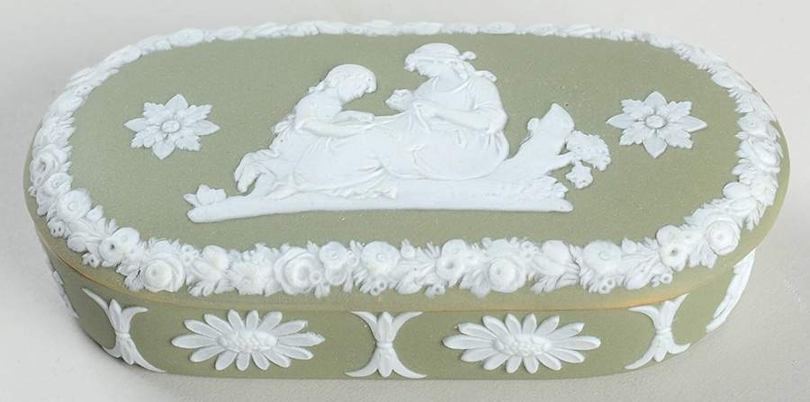 Cream Color on Celadon Jasperware Match Holder & Lid by Wedgwood-1