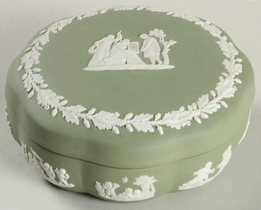 Cream Color on Celadon Jasperware Large Scalloped Candy Box & Lid by Wedgwood-1